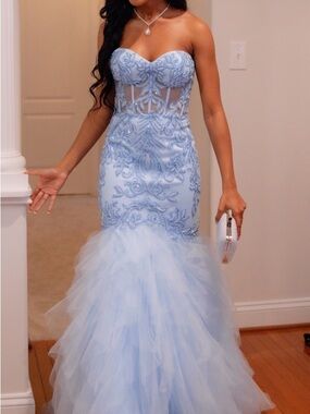 Light Blue Beaded Mermaid Prom Dress | Strapless Formal Gown